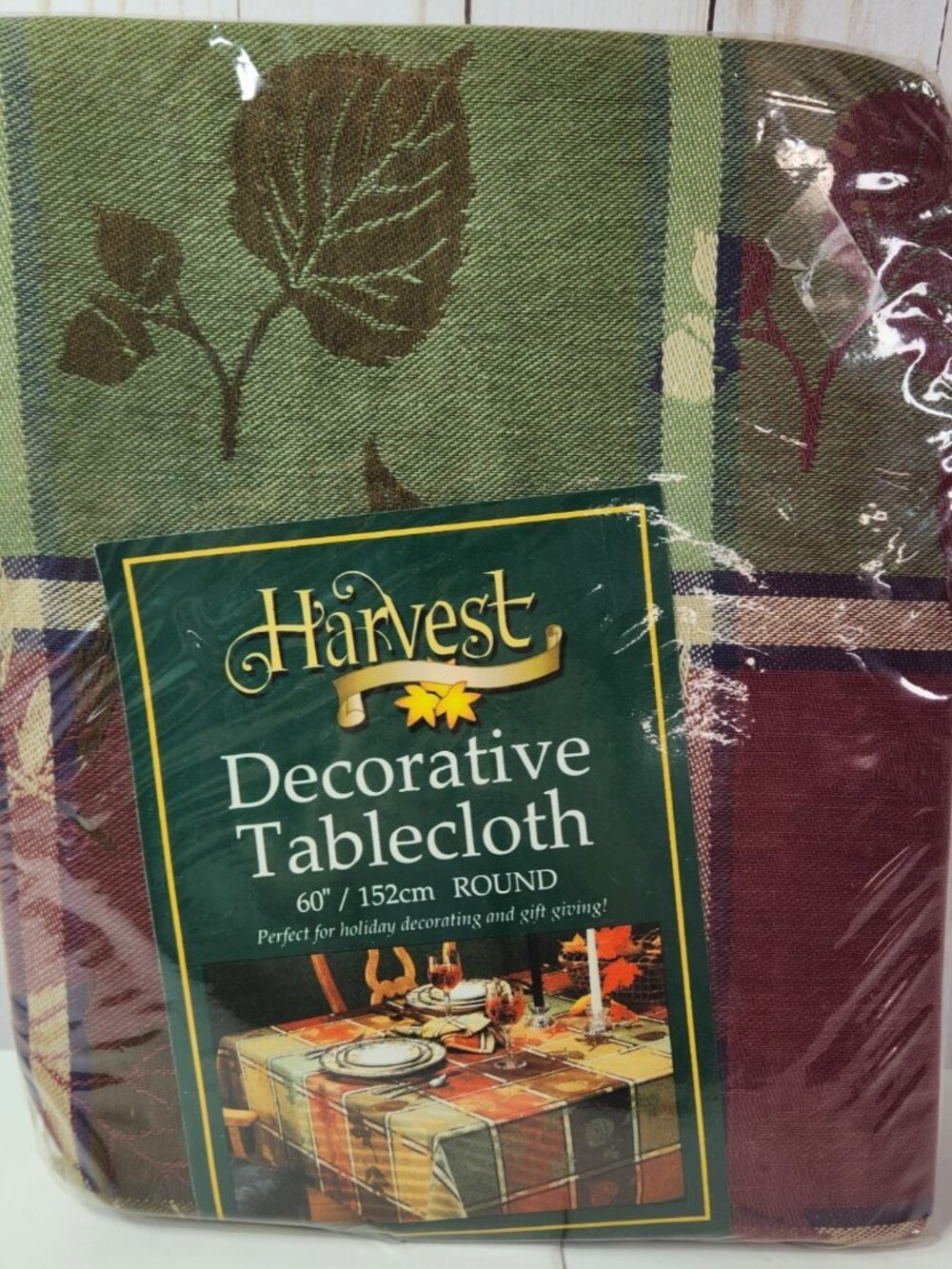 Autumn Leaf Fabric Tablecloth Fall Harvest Plaid 60 in Round Thanksgiving READ